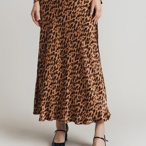 Leopard Print Satin Viscose Midi Skirt - Brown/Black